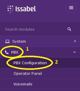 Seleccionar a opção "PBX / PBX Configuration", no menu